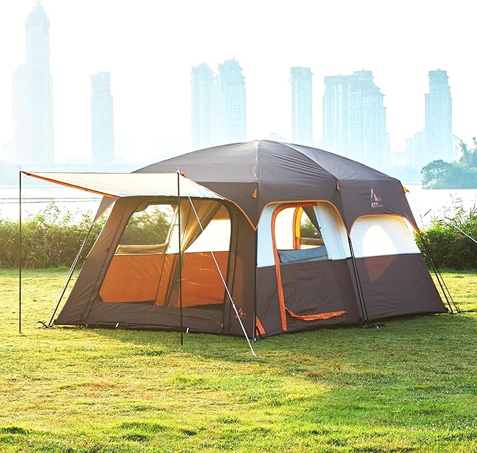 KTT Large Tent 6-8-10 Person,Family Cabin Tents,2 Rooms,2 Doors and 4 Windows with Mesh,Straight Wall,Waterproof,Double Layer,Big Tents for Outdoor,Picnic,Camping,Family Gathering