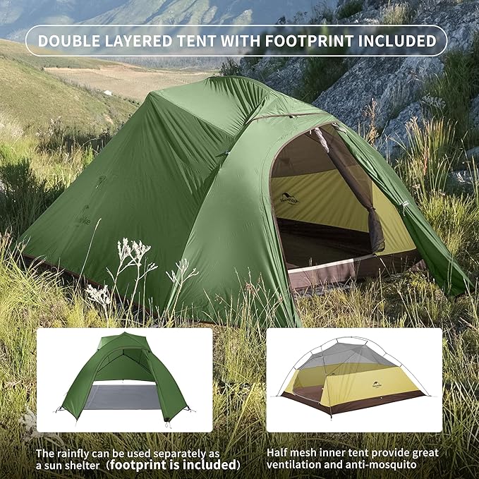 Naturehike Cloud Up 3 Person Backpacking Tent with Footprint - 3 Season Free Standing Lightweight 3 Person Camping Tent | with Footprint, Free Standing, Dome, Camping, Hiking, Waterproof