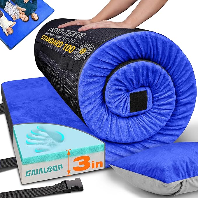 3 Inch Memory Foam Camping Mattress, Dual Layer Thick Sleeping Camp Pad for Car Tent Cot, Roll-Up Portable Glamping Floor Bed for Guests Sleepover