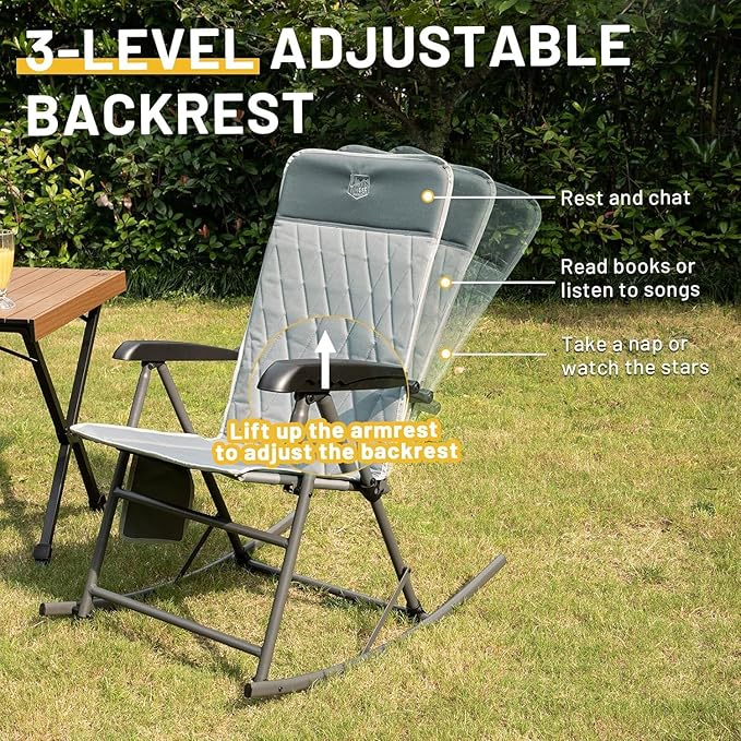 Timber Ridge 3-Level Adjustable Rocking Camping Chair, Ergonomic Padded High Back, Supports 300 LBS, Stable Anti-Tip Rocker, Hard Armrests for Easy Standing, Portable for Patio, Lawn & Tailgating