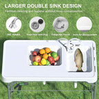 GarveeLife Folding Fish Cleaning Table, Portable Camping Double Sinks Table w/2 Dual Water Basins, Faucet Drainage Hose & Sprayer, Outdoor Fish Fillet Cleaning Station w/Storage Box