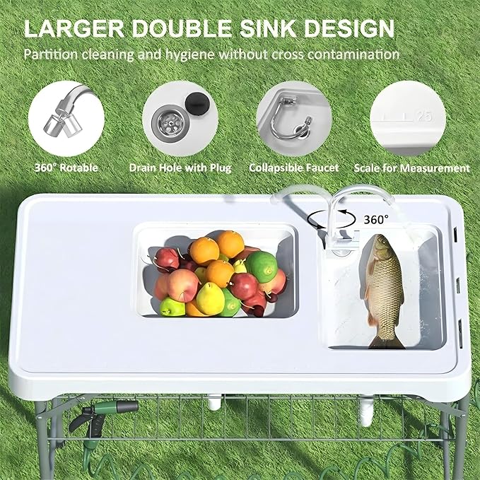 GarveeLife Folding Fish Cleaning Table, Portable Camping Double Sinks Table w/2 Dual Water Basins, Faucet Drainage Hose & Sprayer, Outdoor Fish Fillet Cleaning Station w/Storage Box