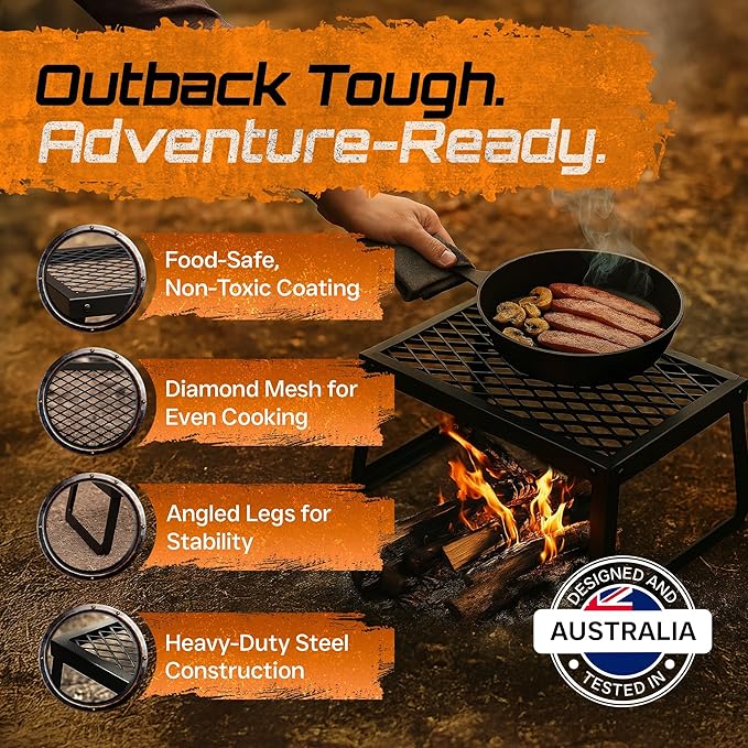 Folding Campfire Grill – Portable Over-Fire Grill with Food-Safe Coating, Heavy Duty Steel, Compact with Folding Legs - Camping, RV, Overlanding, Fire Pits