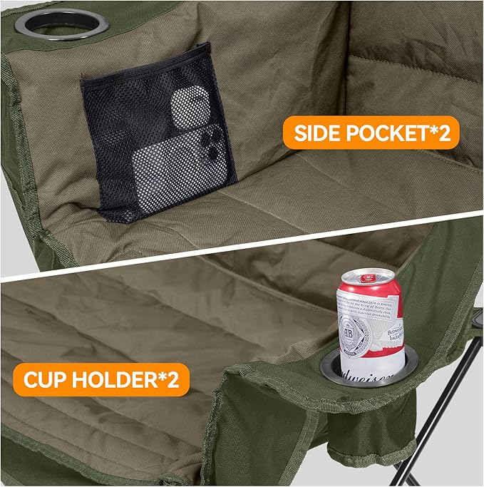 3 Person Camping Chairs Folding Double Camping Chair Portable Oversized Loveseat Padded Camp Chair Heavy Duty Camping Couch for Adults Outdoor Lawn with Two Cup Holders and Carry Bag Green