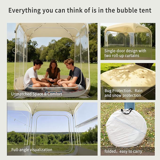 Instant Pop-Up Bubble Tent, 6x6ft Transparent Outdoor Shelter with top Cove, 360° View, All-Weather & Windproof for Camping, Beach, Backyard, Events (4-6 Person,Beige)