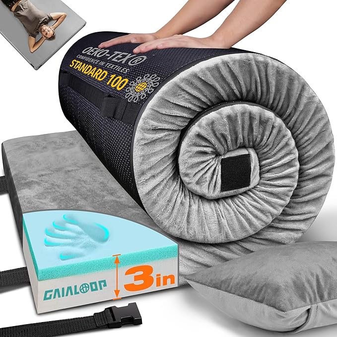 3 Inch Memory Foam Camping Mattress, Dual Layer Thick Sleeping Camp Pad for Car Tent Cot, Roll-Up Portable Glamping Floor Bed for Guests Sleepover