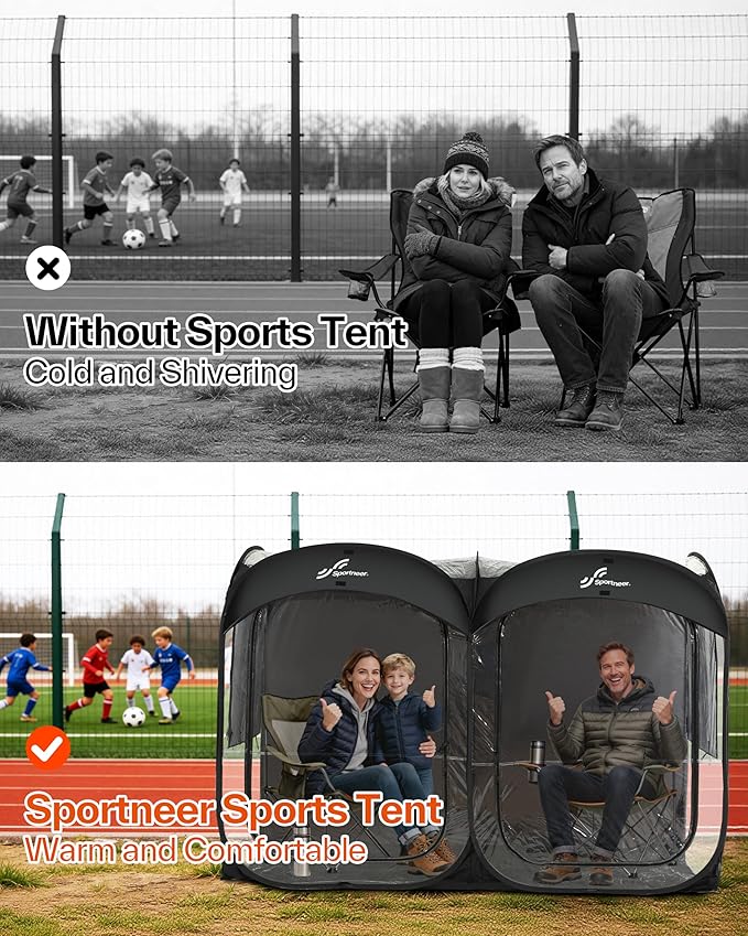 Sportneer Sports Tent, 2-4 Person Instant Pop Up Sports Tents - 92" x 46" x 63.5" Transparent Sport Shelter for Fishing, Camping, Sports Event - Easy Set Up & Tear Down