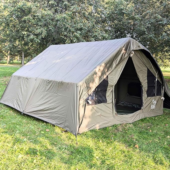 Inflatable Canvas Camping Tents with Stove Jack – Air Beam Blow Up Family Camping Tent for 2–6 People, Fast Setup Shelter with Hand Pump