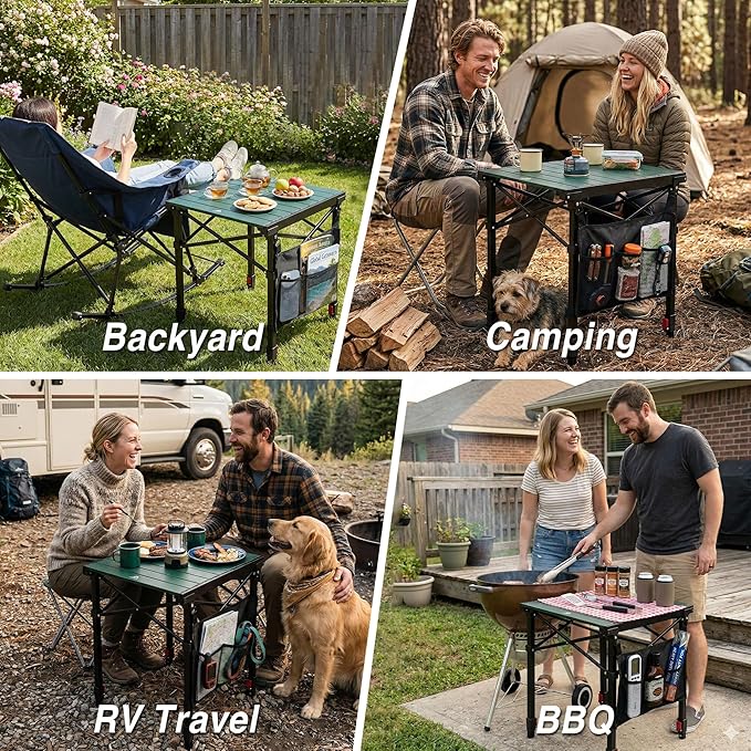 Portable Camping Table with Adjustable Height, Lightweight Aluminum Roll Top Folding Camp Table with Storage Pockets & Dual-Compartment Bag, Heat-Resistant, for RV, Picnic, BBQ, Outdoor (M)