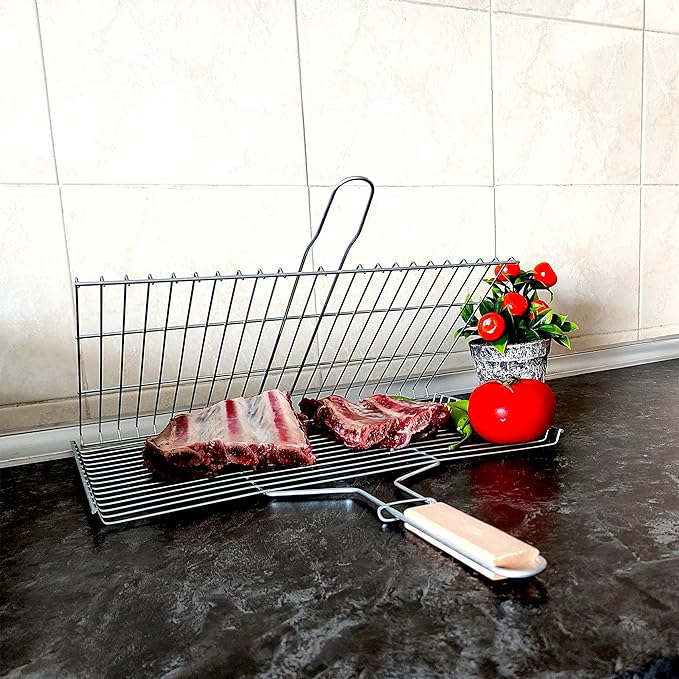 Hakan Grill Basket 11.8 x 15.8-inch for Outdoor Grill, Barbecue Basket for Fish, Steak, Chicken, Vegetables, Shish Kabob and Shrimp, Large Lockable Basket with Wooden Handle, Stainless Steel, BBQ