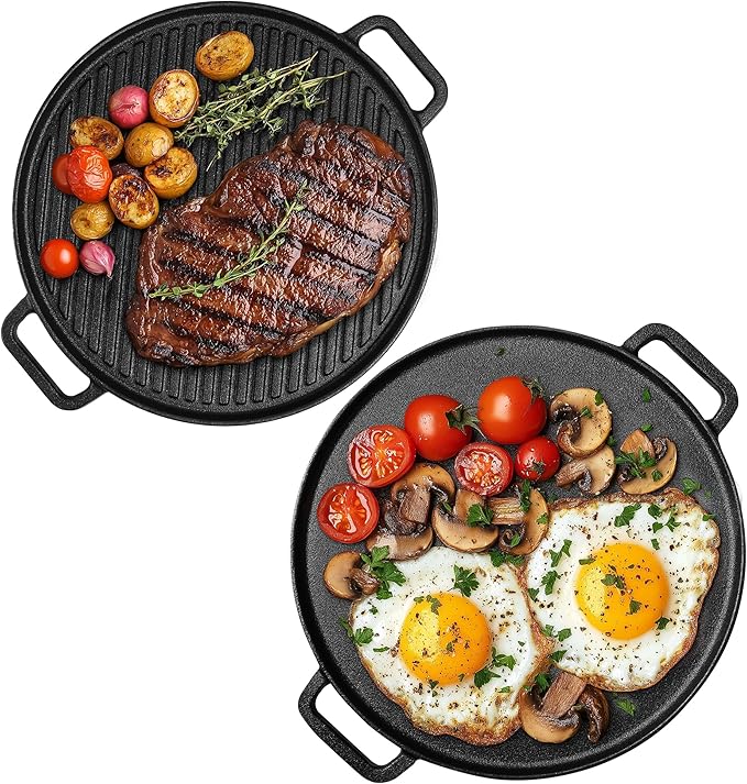 Navaris Reversible Cast Iron Grill/Griddle - 12"(30cm) Pre-Seasoned with Handles, Flat & Ribbed Griddle Plate, Perfect for Stove, Grill, Oven, Campfire, Outdoor Cooking, Heavy-Duty