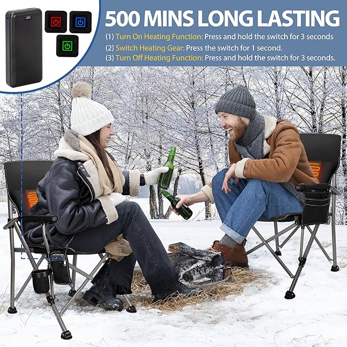 Heated Camping Chair with 20,000 mAh Battery, Loog-Lasting for 500 Mins, Fully Padded Heated Camp Chairs, Heavy Duty Folding Chairs Supports 500 lbs for Winter Camping, Picnics, Tailgating, RV Travel