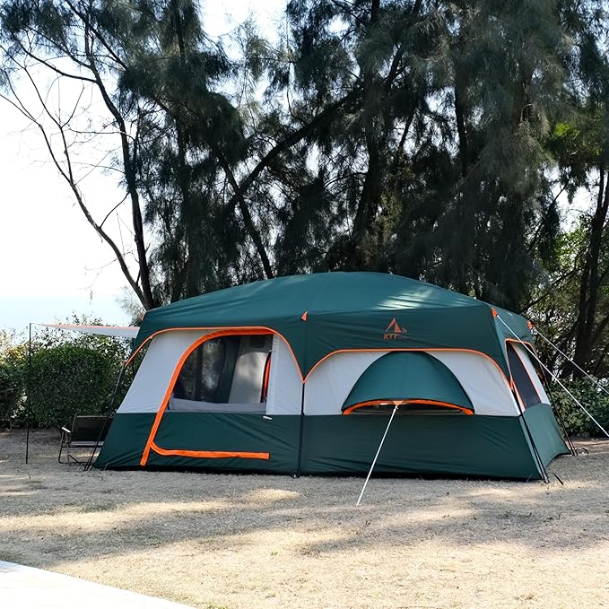 KTT Extra Large Tent 10-12-14 Person(A),Family Cabin Tents,2 Rooms,3 Doors and 3 Windows with Mesh,Straight Wall,Waterproof,Double Layer,Big Tent for Outdoor,Picnic,Camping,Family Gathering