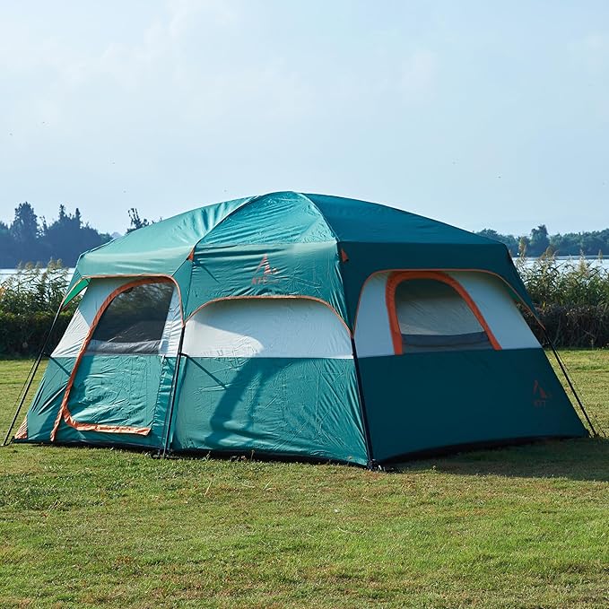 KTT Large Tent 6-8-10 Person,Family Cabin Tents,2 Rooms,2 Doors and 4 Windows with Mesh,Straight Wall,Waterproof,Double Layer,Big Tents for Outdoor,Picnic,Camping,Family Gathering