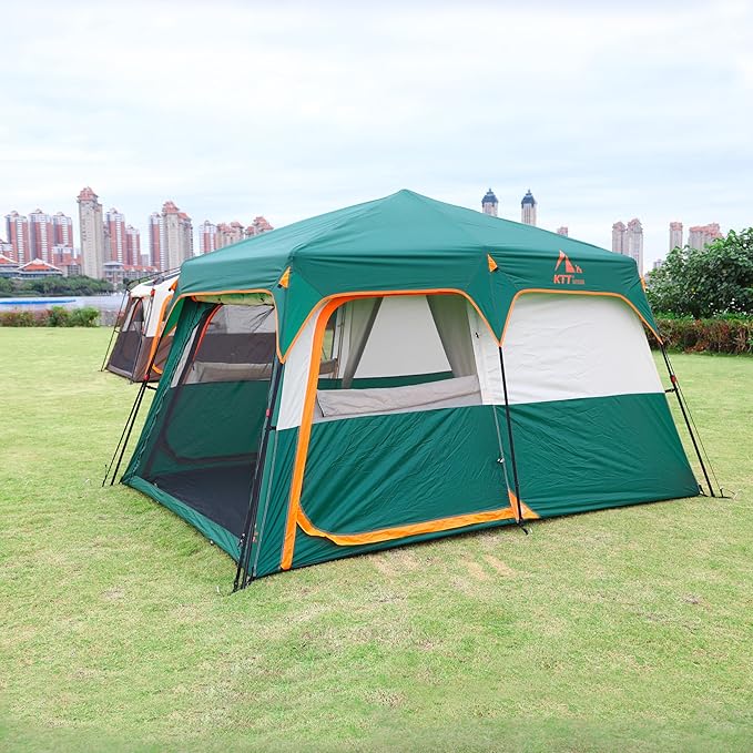 KTT Extra Large Tent 10-12-14 Person(A),Family Cabin Tents,2 Rooms,3 Doors and 3 Windows with Mesh,Straight Wall,Waterproof,Double Layer,Big Tent for Outdoor,Picnic,Camping,Family Gathering