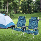 GYMAX Beach Chairs, Backpack Camping Chair with Armrest, Cooler Bag, Cup Holder, Towel Bar & Side Pockets, Sunbath Sling Tanning Lounge, Folding Layout Chair (4 Chairs Without Table, Blue Leaves)