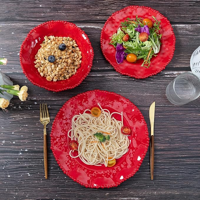 Christmas Red 18 Piece Beaded Melamine Dinnerware Sets, Service for 6, Lightweight Unbreakable, BPA Free With Scalloped rim Plates and Bowls Sets, Dishwasher Safe, Indoor and Outdoor Use