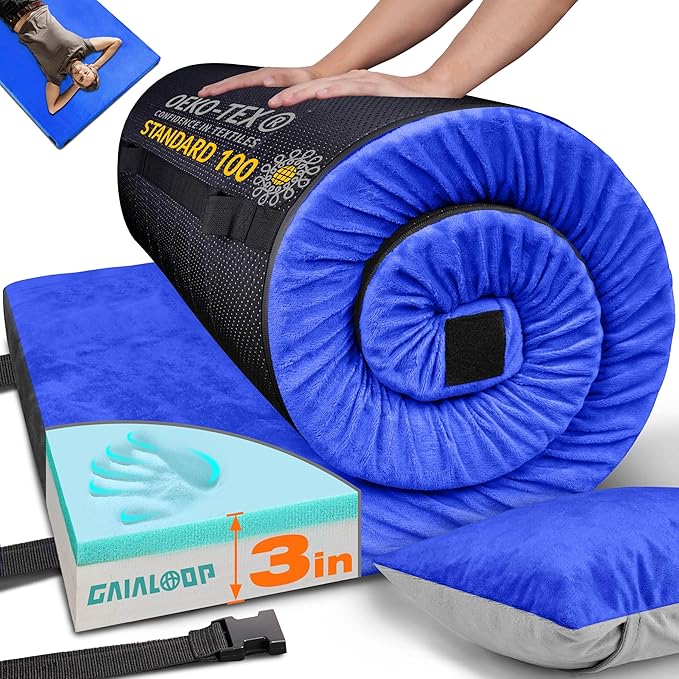 3 Inch Memory Foam Camping Mattress, Dual Layer Thick Sleeping Camp Pad for Car Tent Cot, Roll-Up Portable Glamping Floor Bed for Guests Sleepover