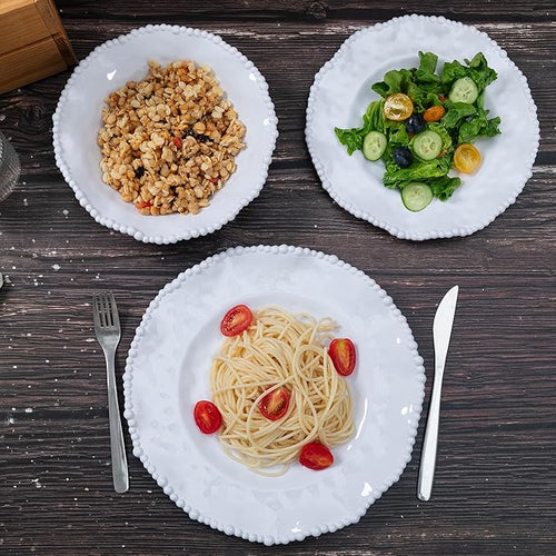 12-Piece White Beaded Melamine Dinnerware Sets – Chip-Resistant Plates & Bowls, Farmhouse Dining Set includes 4 dinner, 4 Salad and 4 Bowl – Ideal for RV, Cabin, Daily Use