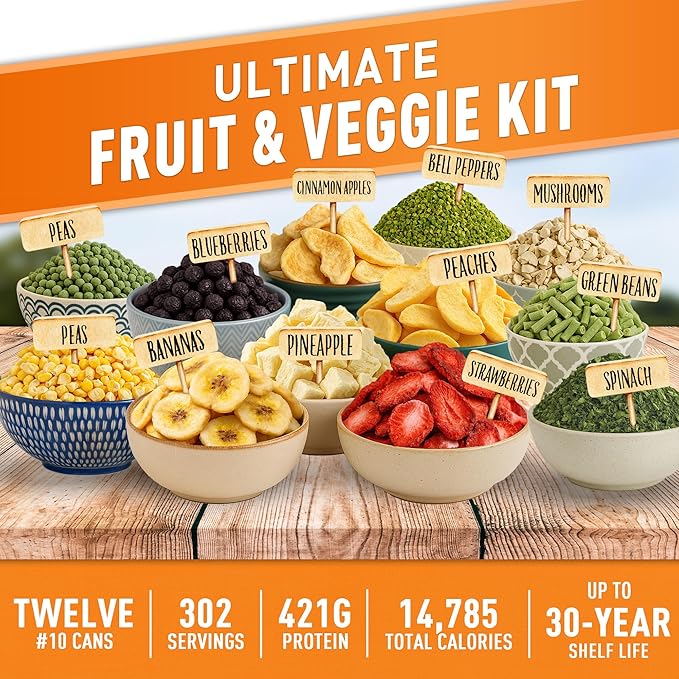 Emergency Essentials Ultimate Fruit & Veggie Kit | 12 Freeze-Dried & Dehydrated #10 Cans | 302 Servings | 30-Year Shelf Life Long-Term Food Storage | Emergency Preparedness Fruit Vegetable Variety Pack