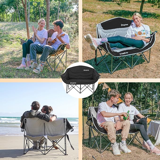 KingCamp Double Camping Chair, Oversized Heavy Duty 550lbs Loveseat for Adults Portable Folding XL 2 Person Couch Padded Comfortable Two Seat with Cup Holder for Outdoor Lawn Backyard, Black