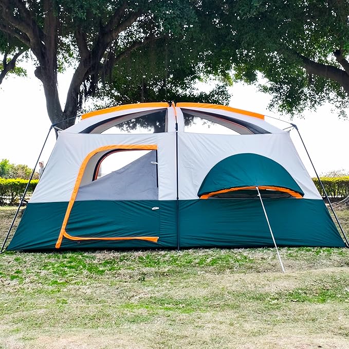 KTT Extra Large Tent 10-12-14 Person(B),Family Cabin Tents,2 Rooms,3 Doors and 3 Windows with Mesh,Straight Wall,Waterproof,Double Layer,Big Tent for Outdoor,Picnic,Camping,Family Gathering