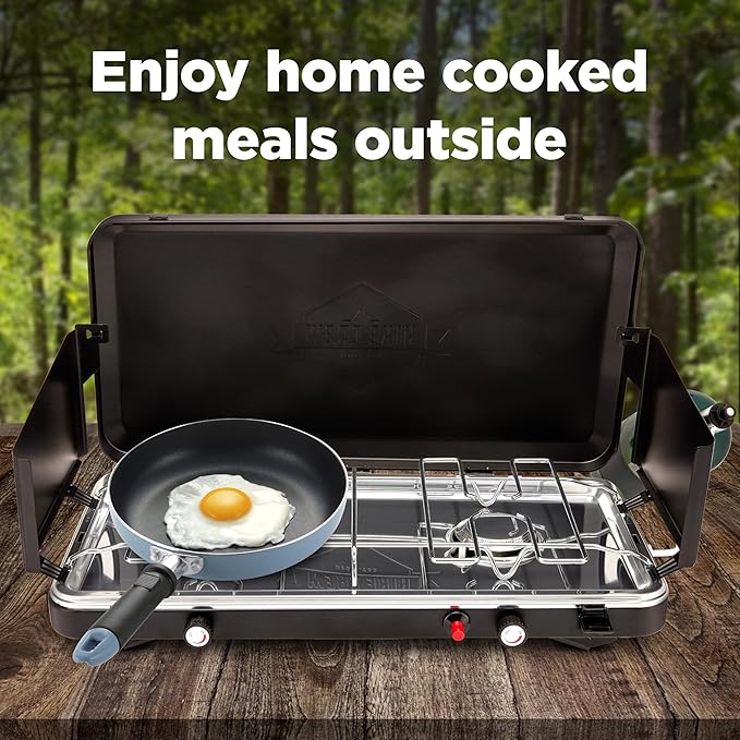 Hike Crew Gas Camping Stove | 20,000 BTU 2 Burner Propane Portable Stovetop | Foldable Legs | Integrated Igniter & Included Regulator | Wind Panels & Built-in Carrying Handle