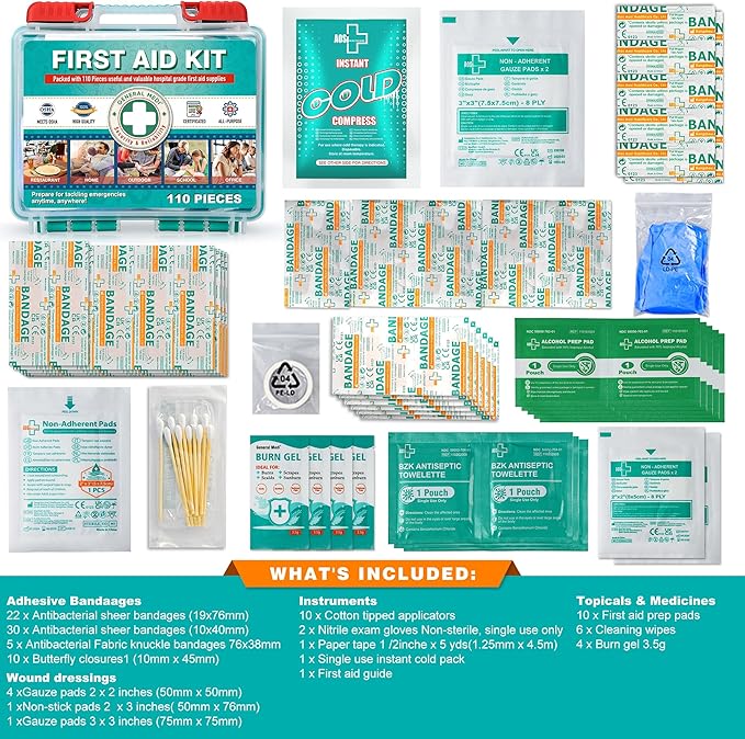 General Medi 110 Pieces Small First Aid Kit - HardCase First Aid Box - Contains Premium Medical Supplies for Travel, Home, Office, Vehicle, Camping, Workplace & Outdoor