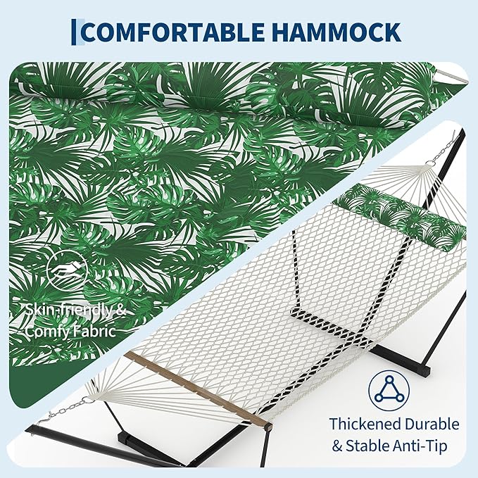 Heavy Duty 2 Person Double Hammock with Portable Adjustable Steel Stand, Outdoor Hammock with Pillow for Patio, Garden, Beach, Backyard Camping