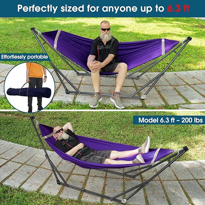 Tranquillo Collapsible Hammock Stand, Folding Camping Hammock and Stand, 600 lbs Capacity Double Hammock Stand for 2 Persons, Heavy Duty Folding Hammock for Indoor Outdoor, Quick Assembly, Purple