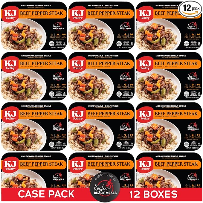 KJ Poultry Kosher Ready Meals - Beef Pepper Steak & Rice, MRE Meat Meals Ready to Eat (12 Pack) Prepared Entree Fully Cooked, Shelf Stable Microwave Dinner Travel, Military, Camping Emergency Survival