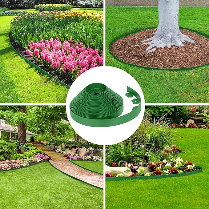 2-Inch x 50 FT Landscape Edging Border with 75 Spikes, Garden Edging Border Lawn Edging Border, Plastic Edging Border Flexible for Garden Flower Beds Lawn Yard Paver Pathway (Green)