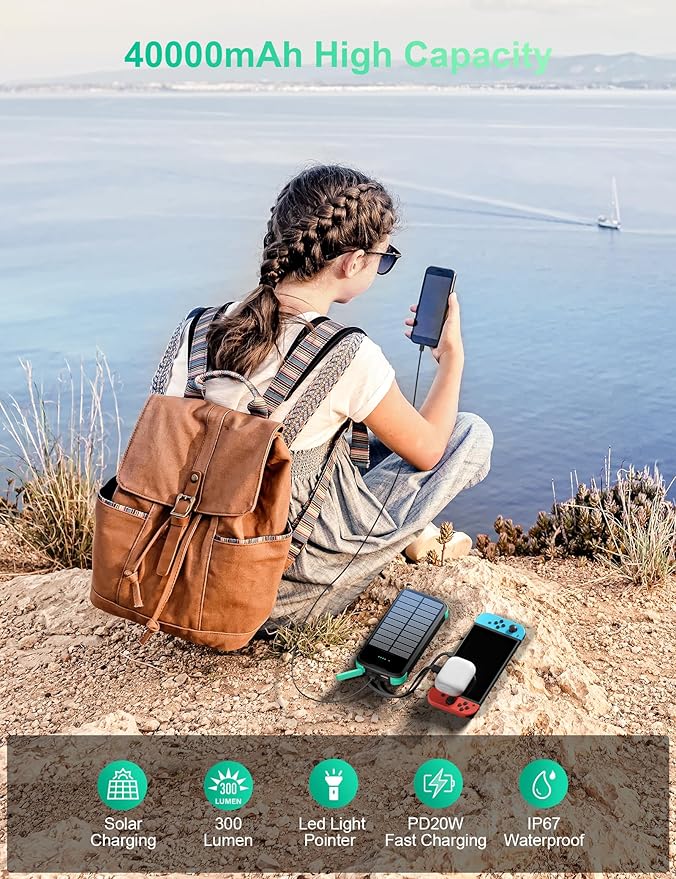 Solar Charger Power Bank, PD 20W Fast Charging External Batter, 40000mAh Portable Phone Charger Built in 4 Cables with Dual Bright Flashlights for Camping, Hiking, and Outdoor Use（Green）