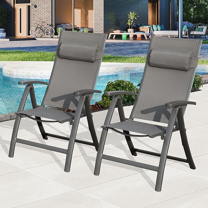 Domi Patio Folding Chairs Set of 2, Outdoor Reclining Chairs Set with Moveable Headrest, Aluminum Frame Outdoor Patio Portable Chairs with Adjustable High Backrest and Textilene Fabric Seat