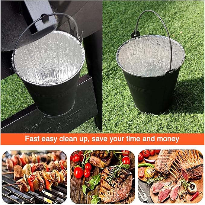 Drip Bucket and 15-Pack Disposable Foil Liners for Oklahoma Joe's, Traeger, Pit-Boss, Z Grill, Camp Chef, Grill Grease Liner Fits Most Offset Smoker, Rec Tec Pellet Grill Bucket, Black
