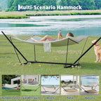2 Person Double Hammock with Adjustable Steel Stand & Pillow, Heavy Duty Portable Outdoor Hammock Set, MAX 450 LBS Weight Capacity for Patio, Garden, Beach, Backyard