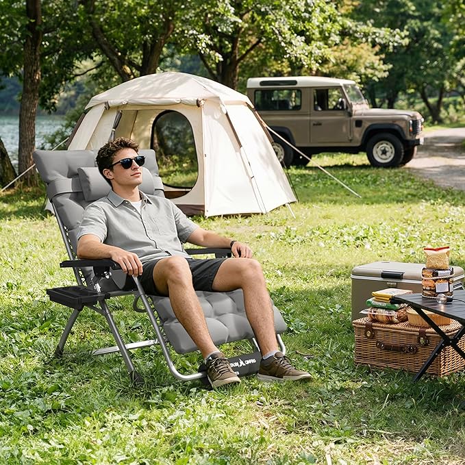 Amopatio Oversized Zero Gravity Padded Chair w/Removable Cushion&Headrest, XXL 33In Reclining Camping Lounge Chair Upgraded Lock and Footrest, Folding Patio Recliner for Indoor Outdoor, Grey