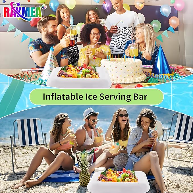 Inflatable Ice Serving Bar 2 PCS, Portable Salad Ice Tray Food Drink Pool Containers Inflatable Cooler for Summer Parties, BBQ, Graduation, Camping or Picnic (24 Inch White)