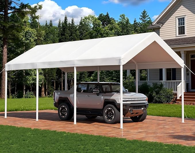Aoxun 10x20 FT Carport Heavy Duty Car Canopy with Tarp & Wind Resistance Portable Garage Car Tent Outdoor Car Port with Tear Resistant Canopy, No Sidewall - Milky White
