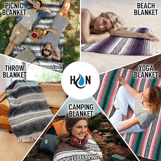 Authentic Extra Large Mexican Blanket - 70"x50" Handwoven Yoga, Serape, Artisanal Falsa, Beach, Camping, Picnic, Outdoor Blanket (Mint Orange)