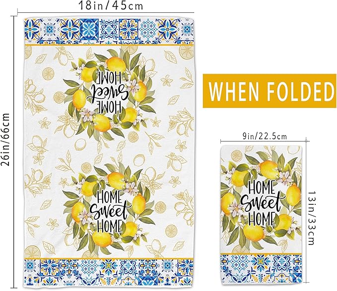 Lemon Kitchen Towels, Lemon Mediterranean Dish Towels Set of 2, Farmhouse Home Sweet Home Kitchen Decor, Summer Yellow Decorative Hand Tea Towels for Housewarming (18x26 Inches)