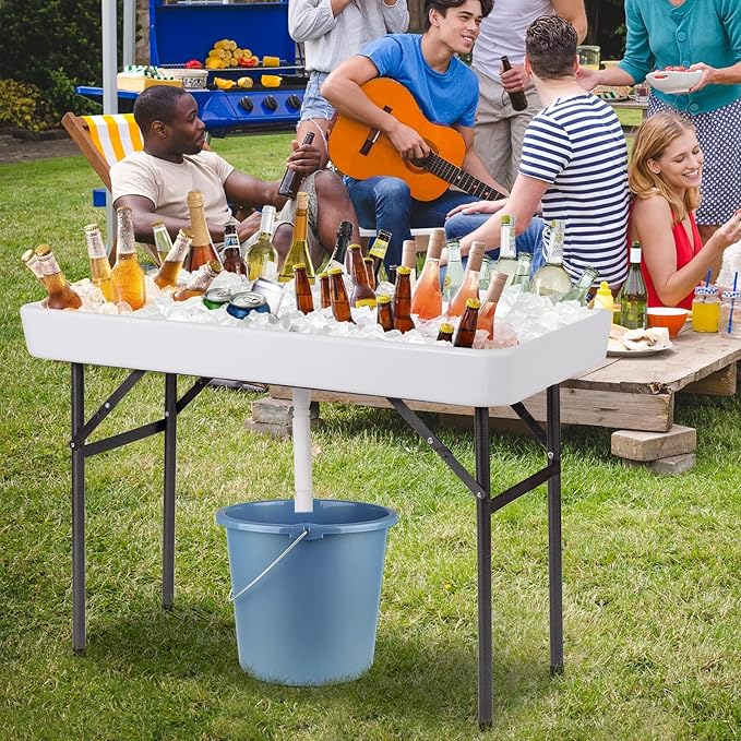 Giantex Folding Ice Table with Drain, 4 ft Portable Cooler with Removable Skirt, No Assembly, Fill and Chill Table for Food Drink Beverage, Foldable Party Ice Bin for Camping BBQ Outdoor, White