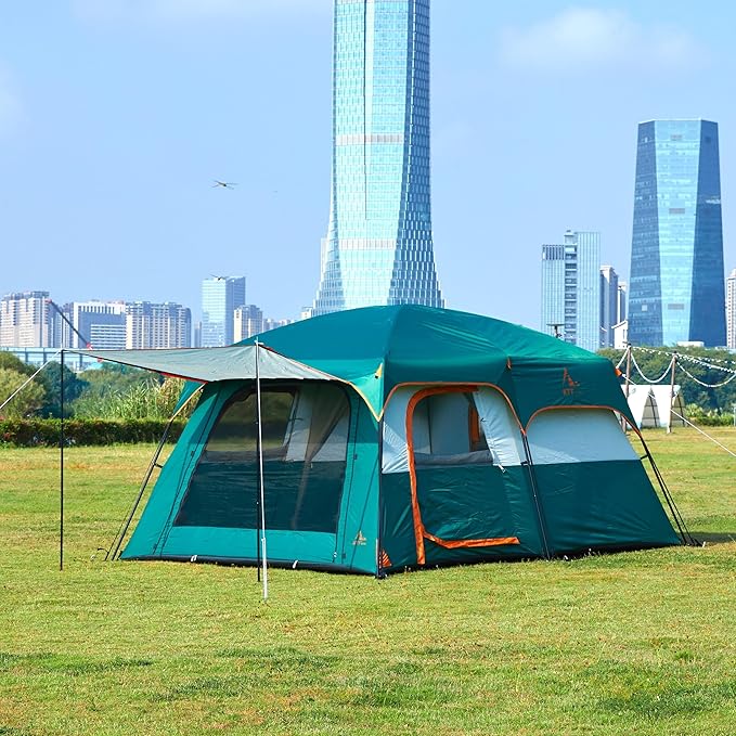 KTT Extra Large Tent 10-12-14 Person(Style-B),Family Cabin Tents,2 Rooms,3 Doors and 3 Windows with Mesh,Straight Wall,Waterproof,Double Layer,Big Tent for Outdoor,Picnic,Camping,Family Gathering