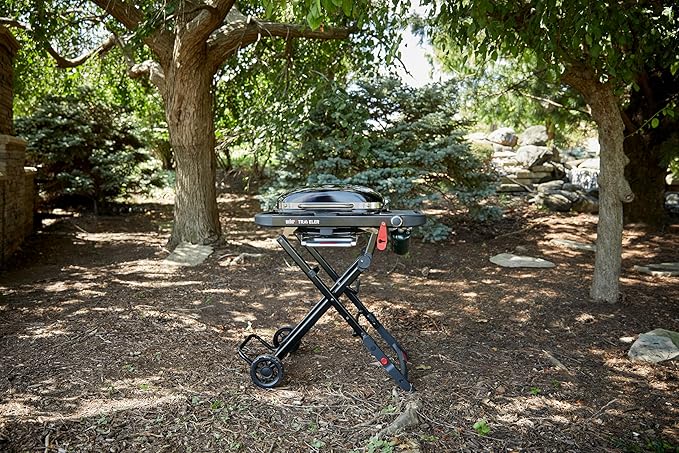 Weber Traveler® Compact Portable Gas Grill (Liquid Propane) for Outdoor Cooking – Black, Porcelain-Enameled Lid, Side Table, Folding Portable Grill with Wheels for Camping, Tailgating & Travel