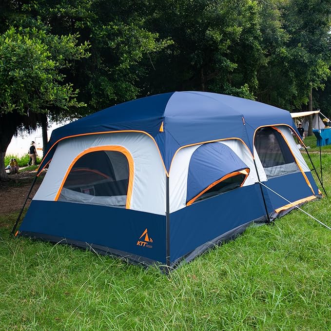 KTT Extra Large Tent 10-12-14 Person(A),Family Cabin Tents,2 Rooms,3 Doors and 3 Windows with Mesh,Straight Wall,Waterproof,Double Layer,Big Tent for Outdoor,Picnic,Camping,Family Gathering