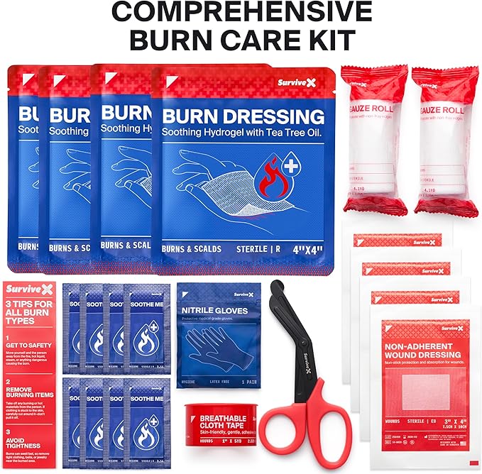 Burn Dressing Kit with Tea Tree Oil - Hydrogel Burn Pads, Cooling Gels, Non-Adhesive Dressings & Gauze - Complete First Aid Accessory for Instant Cooling, Soothing & Burn Relief