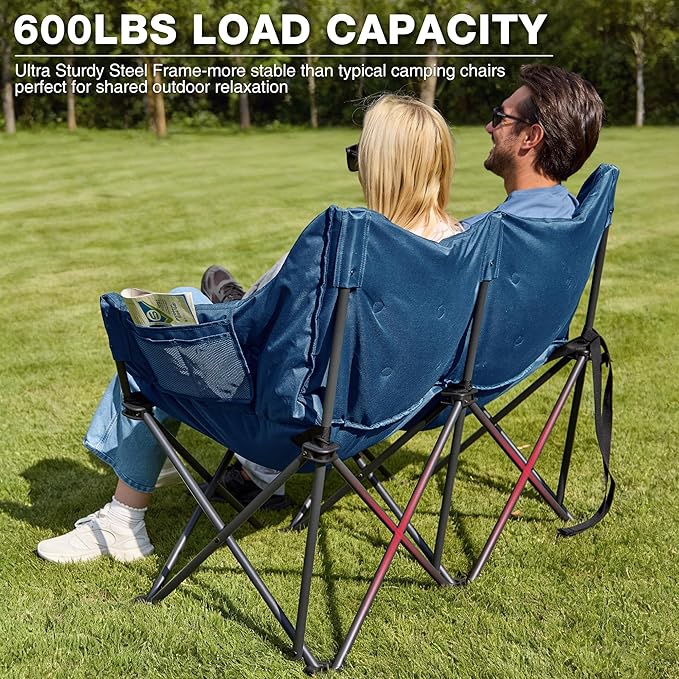 Double Camping Chair Heavy Duty Oversized Padded Loveseat for Adults 2 Person Outdoor Portable Camping Chairs for Lawn, Backyard, Fishing, Trip, Support 600lbs, Navy