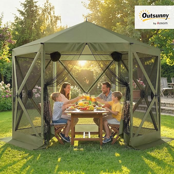 Outsunny 10 x 11 ft Pop Up Gazebo Screen Tent, Outdoor Portable Instant Camping Canopy Screen House Sun Shelter with Mesh Nettings, Carry Bag, Ground Stakes, Ropes for Patio, Backyard, Dark Green