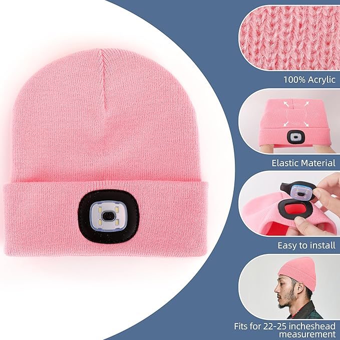 YMHB Unisex Beanie Hat with Light, USB Rechargeable LED Headlamp Hat Night Light Cap Christmas Stocking Stuffers Gifts for Men Dad Father Husband (Pink)