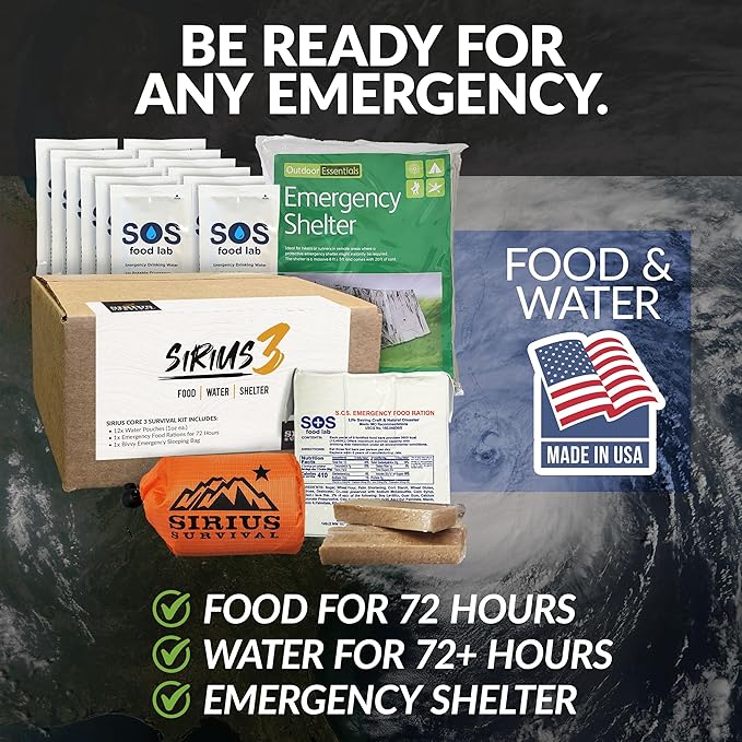 Sirius 3-72 Hour Survival Kit & Emergency Preparedness - Food, Water & Shelter for 72 Hours - 5 Year Shelf Life - Food & Water Rations